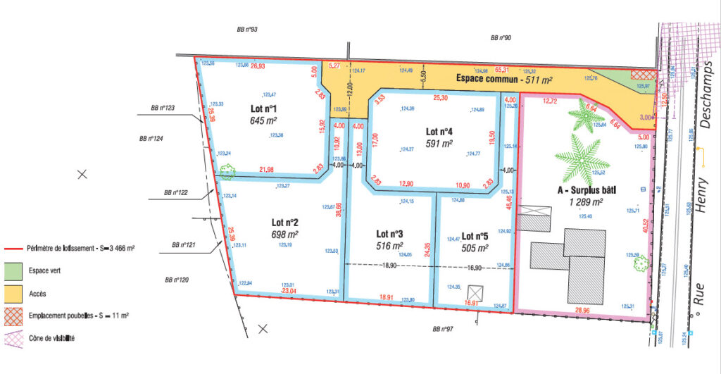 Plan de composition des 5 terrains à bâtir du lotissement à Marcilly-en-Villette.