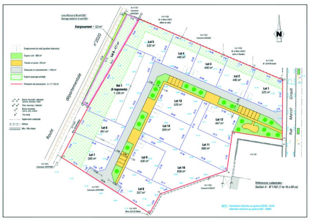 Plan de composition du lotissement de terrains à bâtir à Artenay, rue Marcel Girault.