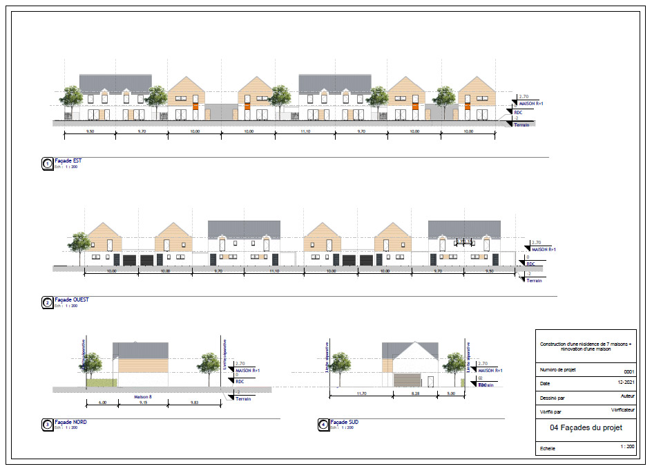 Vue en élévation des façades des maisons du programme immobilier de Huisseau-sur-Mauves.
