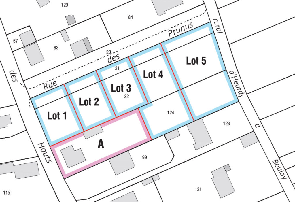 Plan de masse et de division des 5 parcelles du programme de terrains à Boulay-les-Barres.